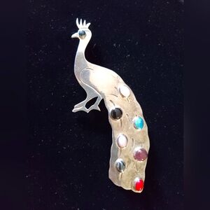 HUGE Mexican Sterling Gemstone Encrusted Peacock Brooch 5 inch Post 1970s Cute